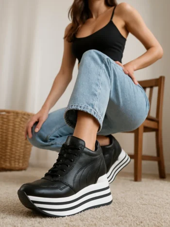 Papucsan Black Fermuar Mat Gizli Topuk Kadın Spor Ayakkabı